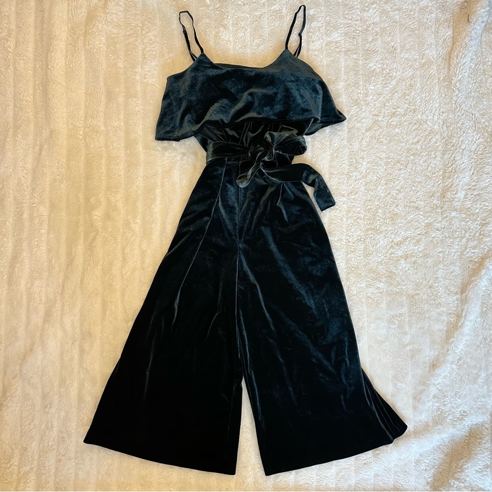 Emerald velvet jumpsuit with culotte pants